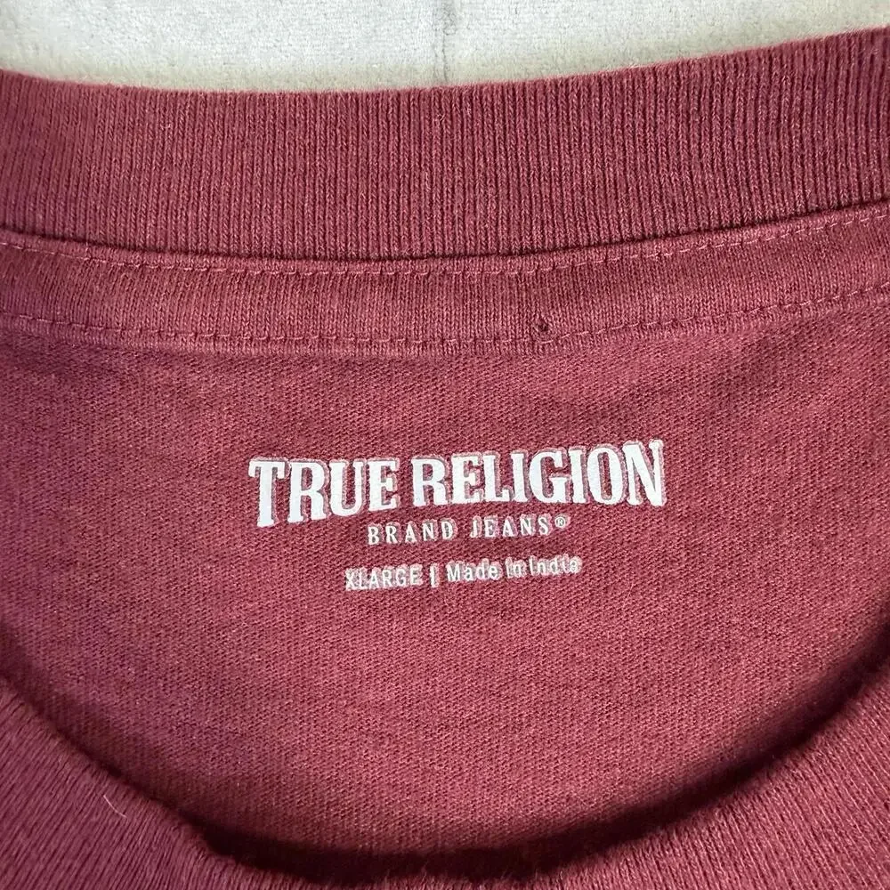 True Religion Patch Embroidered T-Shirt Mens XL Red Patchwork Chainstitch